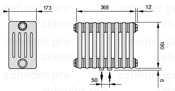 Схема (чертеж) Радиатор Zehnder Charleston 5019/8 №5410 Белый глянцевый RAL 9016